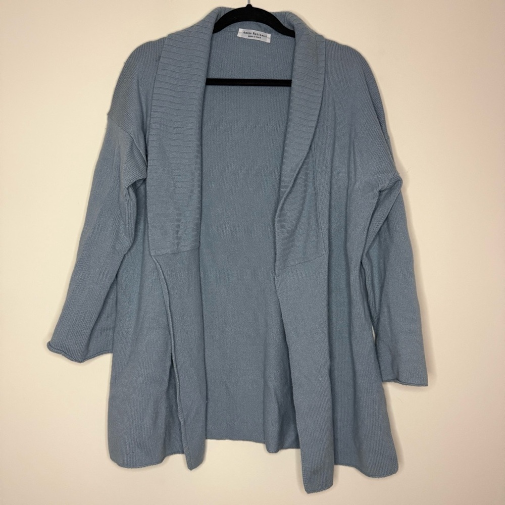 AMINA RUBINACCI Wool Cashmere Blend Baby Blue Open Front Cozy Knit Cardigan